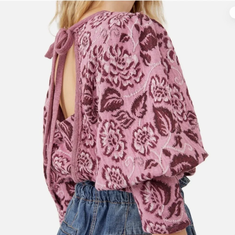 Free People No Ordinary Floral Jacquard Knit Puff Sleeves Top Pink